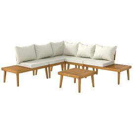 Salon De Jardin D'angle 5 Places En Bois D'acacia Avec Table Basse Et Tablettes Latérales Coussins Crème