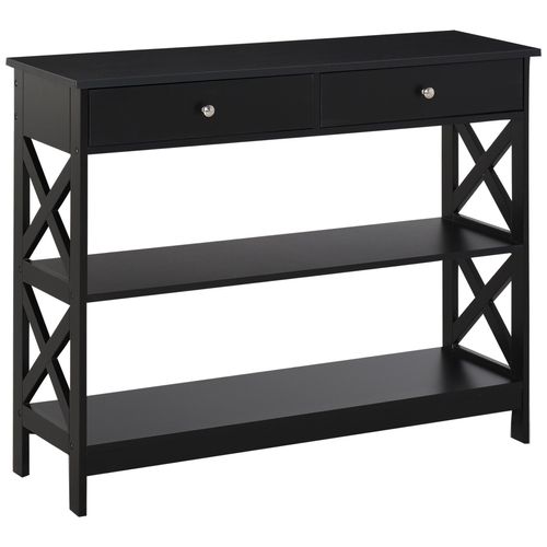 Console Style Table De Drapier Néo-Rétro 2 Tiroirs 2 Étagères Dim. 100l X 30l X 80h Cm Mdf Noir