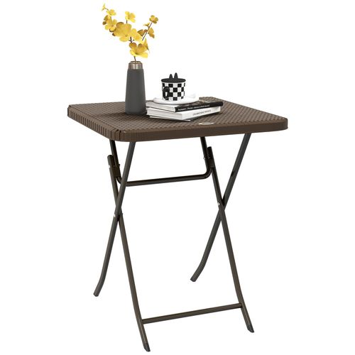 Table De Jardin Pliante Table De Camping Pliable Dim. 60l X 60l X 71h Cm Acier Époxy Hdpe Aspect Rotin Tressé Marron