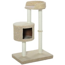 Arbre À Chats Style Cosy Chic Griffoirs Jute Naturelle Niche Plateforme Peluche Courte Bicolore Beige Café