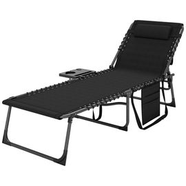 Bain De Soleil Transat Pliable Inclinable Avec Poignée, Plateau Et Pochette Rangement Acier Oxford Noir