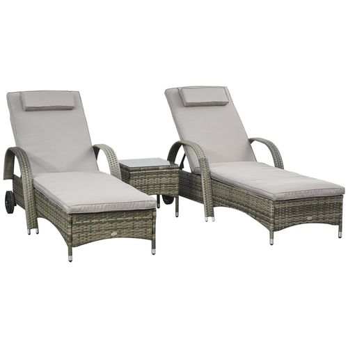 Lot De 2 Transats Bains De Soleil Grand Confort : Matelas, Têtière, Inclinaison Réglable Multipostions, Accoudoirs, Roulettes + Table Basse Verre Trempé Résine Tressée Grise