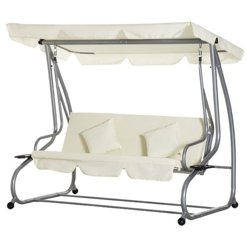 Balancelle De Jardin 3 Places Convertible Toit Inclinaison Réglable 2 Tablettes Support Acier Époxy Gris Polyester Crème