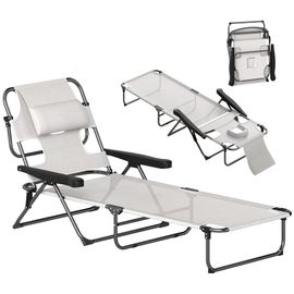 Bain De Soleil Transat Pliable Inclinable - Coussins, Espace Tête - Acier Noir Polyester Crème
