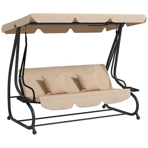 Balancelle De Jardin Convertible 3 Places Inclinaison Toit Réglable 2 Tablettes + Matelas 2l X 1,2l X 1,64h M Métal Époxy Noir Polyester Sable