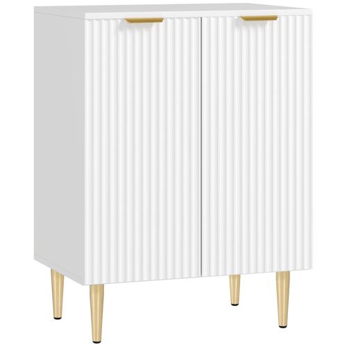 Buffet 2 Portes Étagère Design Effet Cannelé Piètement Poignées Métal Doré Blanc