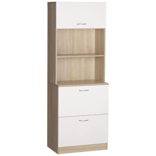 Buffet Haut - 2 Tiroirs, Porte, 2 Niches - Blanc Aspect Bois Clair