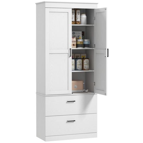 Buffet Haut Cuisine - 2 Portes, 3 Étagères, 2 Tiroirs - Poignées Métal Noir Aspect Bois Blanc Cassé