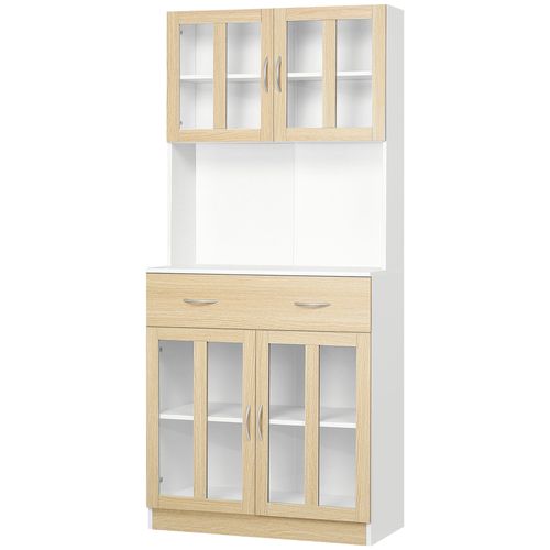 Buffet Haut 4 Portes Verre Étagère Tiroir Niche Blanc Aspect Bois