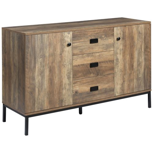 Buffet Design Industriel Effet Bois De Manguier Métal Noir - 2 Portes, 2 Étagères, 3 Tiroirs - 120 X 39,5 X 77 Cm