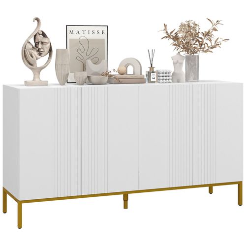 Buffet Design Contemporain Graphique - 4 Portes, 2 Étagères - Acier Doré Panneaux Blanc