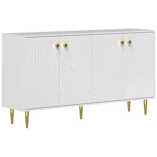 Buffet Design Graphique 4 Portes 2 Étagères Piètement Poignées Métal Doré Blanc