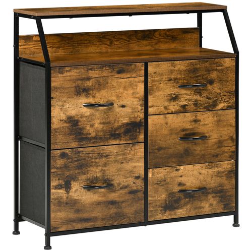 Buffet Design Industriel 5 Tiroirs, Niche, Étagère Noir Aspect Bois