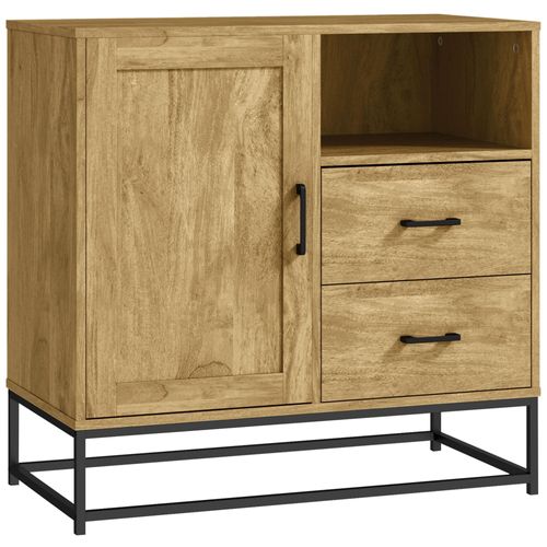 Buffet Effet Bois Exotique - 2 Tiroirs, Niche, Porte, Étagère - Piètement Poignées Métal Noir