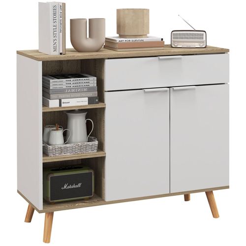 Buffet Design Scandinave - 2 Portes, Étagère, Tiroir, 3 Niches - Piètement Bois Pin Panneaux Blanc Aspect Chêne Clair