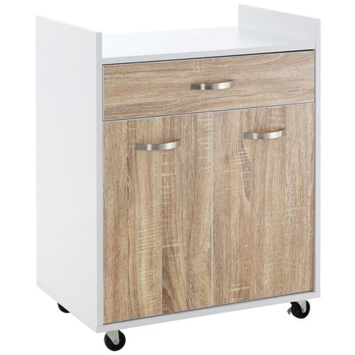 Homcom Chariot De Service Desserte De Cuisine À Roulettes Tiroir Placard 2 Portes Étagère Panneaux Particules Blanc Aspect Chêne Clair