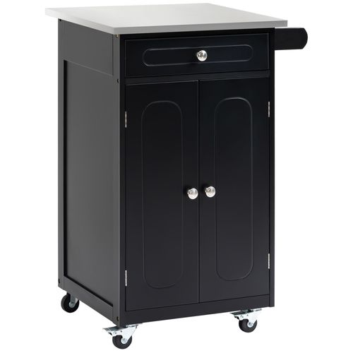 Desserte De Cuisine Multi-Rangements 1 Tiroir Placard 2 Portes Avec Étagère Porte-Torchons Mdf Noir Acier Inox.