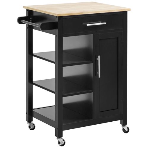 Desserte De Cuisine Style Contemporain - Porte, Tiroir, 3 Étagères - Poignées Métal Mdf Noir Plateau Bois Hévéa