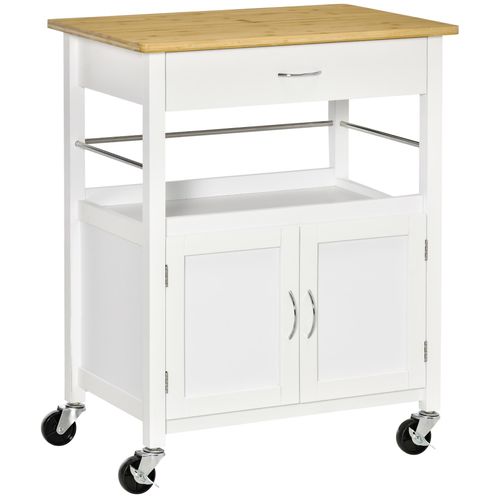 Homcom Desserte De Cuisine Multi-Rangements - Dim. 73l X 50l X 91h Cm - Poignées Métal Mdf Blanc Plateau Bois Bambou Verni
