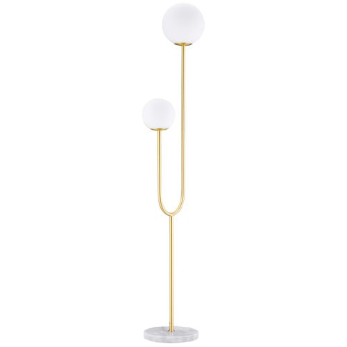 Lampadaire Design Néo-Rétro 2 Boules Verre Blanc Opaque Max. 25 W Piètement Marbre Blanc Acier Doré