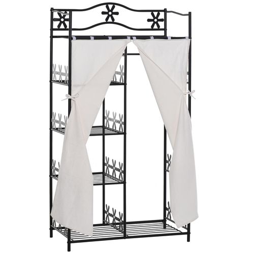 Armoire Penderie Multi Rangements 5 Étagères 84l X 42l X 159h Cm Métal Noir Motif Fleurs 2 Rideaux Blanc