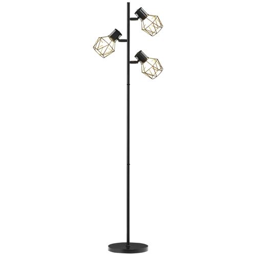 Lampadaire Design Industriel 3 Ampoules Max. 40w H.169 Cm Abat-Jour Cage Métal Noir