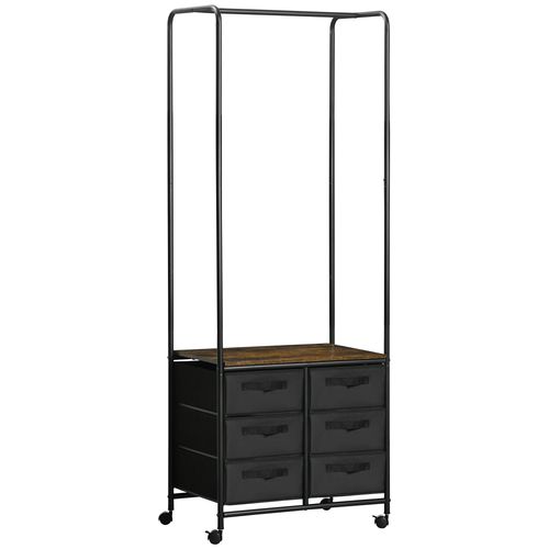 Penderie Portant À Vêtements Style Industriel Sur Roulettes 6 Tiroirs Barre Penderie Acier Noir Panneaux Aspect Bois