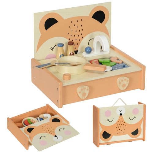 Mini-cuisine en bois cuisine enfant motif renard jouet d'imitation pour enfant avec 12 accessoires poêle spatule condiments fruits légumes - pour 3-5 ans