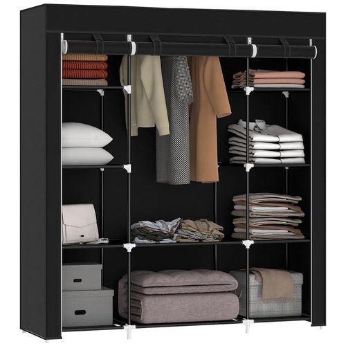 Armoire Penderie Toile - Armoire Tissu - 10 Étagères, Tringle - Dim. 150 X 43 X 162,5 Cm - Noir