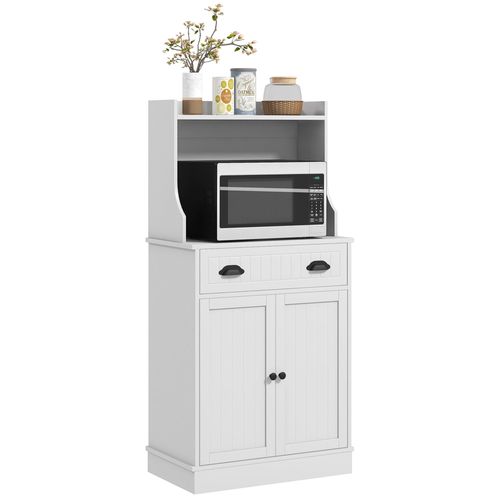Meuble Micro-Ondes - Rangement Cuisine - 2 Portes, 3 Étagères, Tiroir, Niche - Mdf Blanc