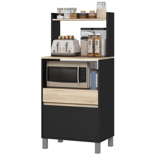 Meuble De Rangement Desserte De Cuisine Pour Micro-Ondes Avec Placard Tiroir Étagère Supérieur 60 X 40 X 131 Cm Naturel Et Noir