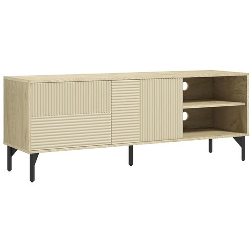 Meuble Tv Banc Tv Design Urban Craft - 2 Portes, 2 Étagères, 2 Niches - Piètement Acier Noir - Aspect Chêne Clair
