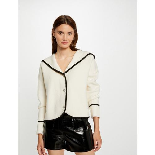 Gilet Court Boutonné À Capuche Ecru Femme