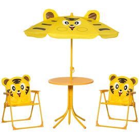 Ensemble Salon De Jardin Enfant 4 Pcs Design Tigre - Table Ronde + 2 Chaises Pliables + Parasol - Métal Époxy Oxford Jaune