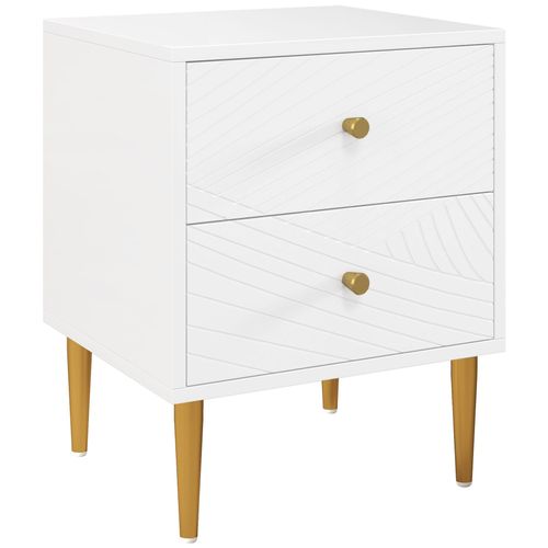 Chevet Table De Nuit Design Graphique - 2 Tiroirs - Piètement Poignées Métal Doré Blanc