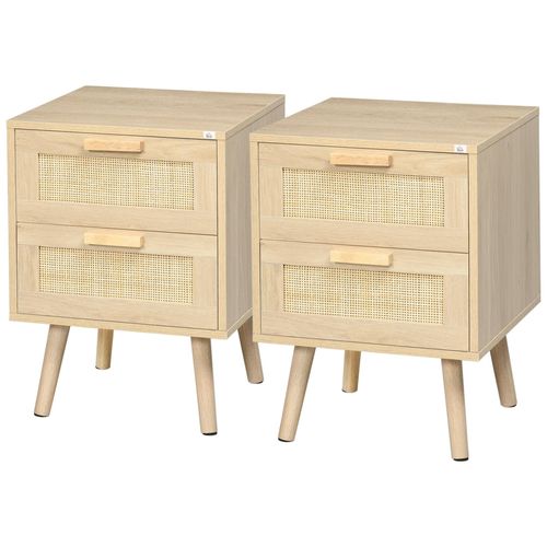 Lot De 2 Tables De Chevet 2 Tiroirs Chacune Cannage Rotin Bois Panneaux Aspect Bois Clair