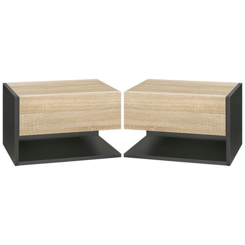 Lot De 2 Tables De Chevet Murales - Lot De 2 Tables De Nuit - Tiroir Coulissant, Étagère - Aspect Chêne Clair Noir