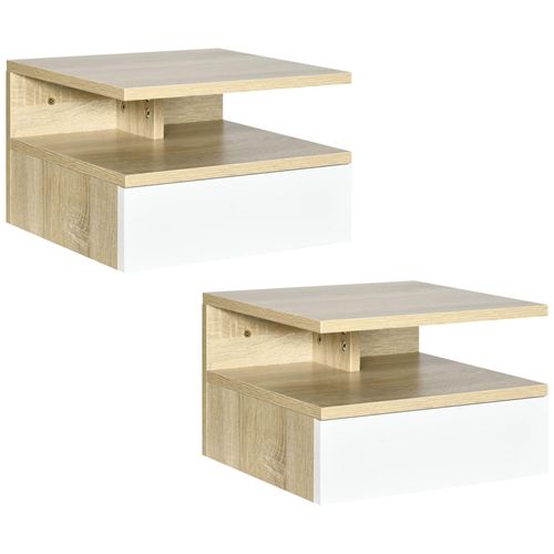 Lot De 2 Tables De Chevet Murales - Lot De 2 Tables De Nuit - Tiroir Coulissant, Niche Et Plateau - Aspect Chêne Clair Blanc