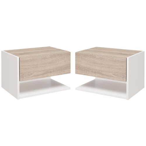 Lot De 2 Tables De Chevet Murales - Lot De 2 Tables De Nuit - Tiroir Coulissant, Étagère, Plateau - Panneaux Particules Bicolore Aspect Chêne Clair Blanc