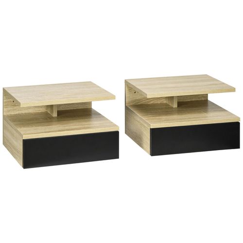 Lot De 2 Tables De Chevet Murales - Lot De 2 Tables De Nuit - Tiroir Coulissant, Niche Et Plateau - Aspect Chêne Clair Noir