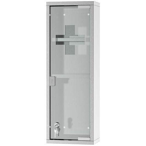Armoire À Pharmacie 2 Étagères 3 Niveaux 20l X 12l X 58h Cm Porte Verre Trempé Symbole Croix Acier Inox.
