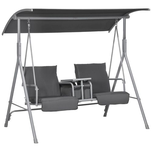 Balancelle Design De Jardin 2 Places Inclinaison Toit Réglable Tablette Porte-Gobelet Rangement Métal Gris