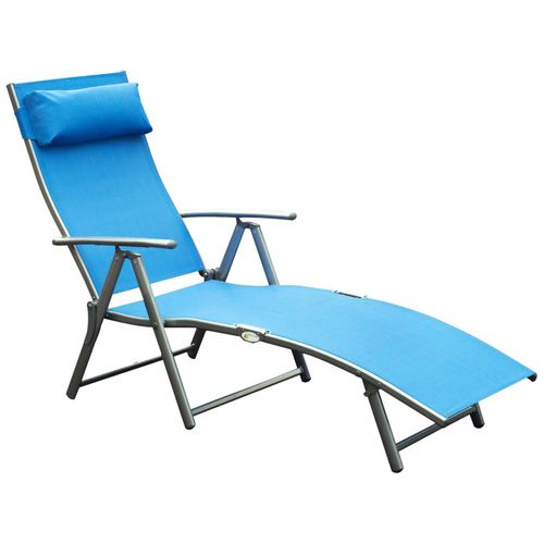 Outsunny Transat Chaise Longue Bain De Soleil Pliable Dossier Inclinable Multi-Positions Têtière Fournie 137l X 64l X 101h Cm Métal Époxy Textilène Bleu