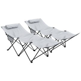 Lot De 2 Bains De Soleil Transats Pliables - Poches Latérales Rangement, Tétière - Acier Oxford Gris