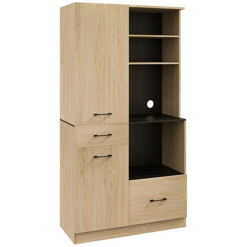 Buffet Haut 2 Portes 3 Étagères 2 Tiroirs 4 Niches Noir Aspect Chêne