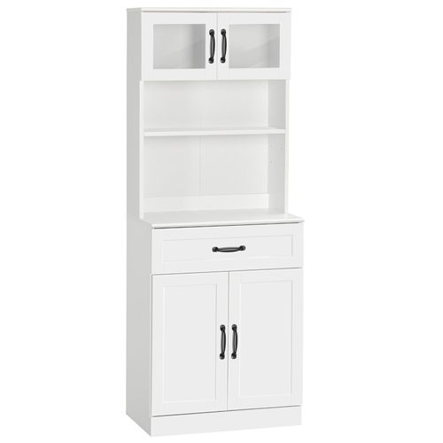 Buffet Haut 4 Portes Multi-Rangement Métal Noir Verre Trempé Blanc