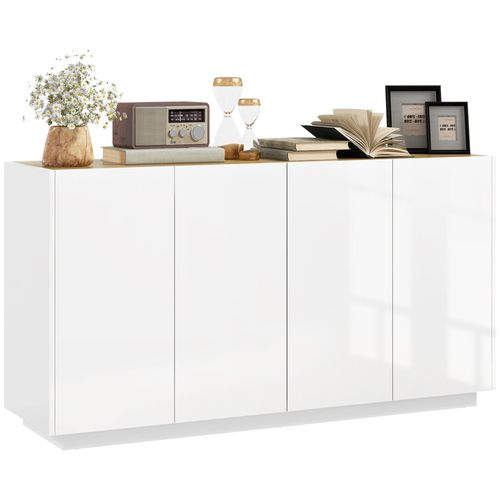 Buffet Design Contemporain Blanc Laqué Plateau Aspect Bois Clair - Dim. 140l X 40l X 75h Cm - 4 Portes, 2 Étagères