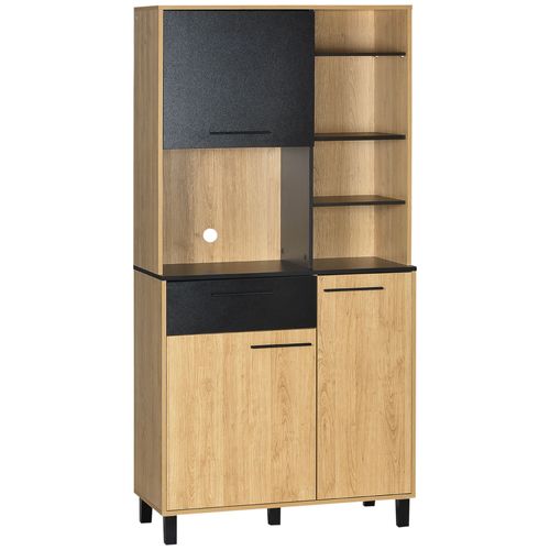 Buffet Haut 3 Portes Tiroir 5 Niches Bicolore Aspect Bois Clair Noir