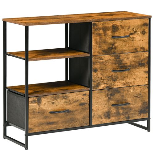 Buffet Design Industriel 4 Tiroirs, 2 Niches Acier Noir Aspect Bois