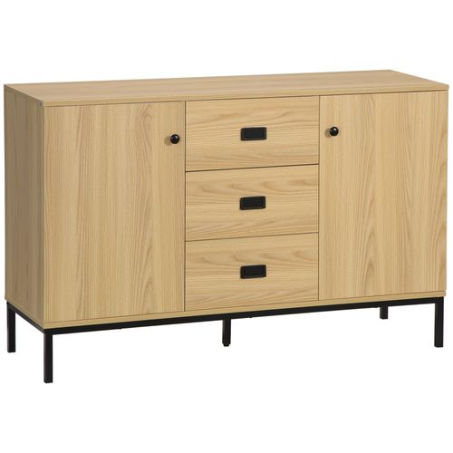 Buffet Industriel - 2 Portes, 3 Tiroirs - Métal Noir Aspect Bois Clair